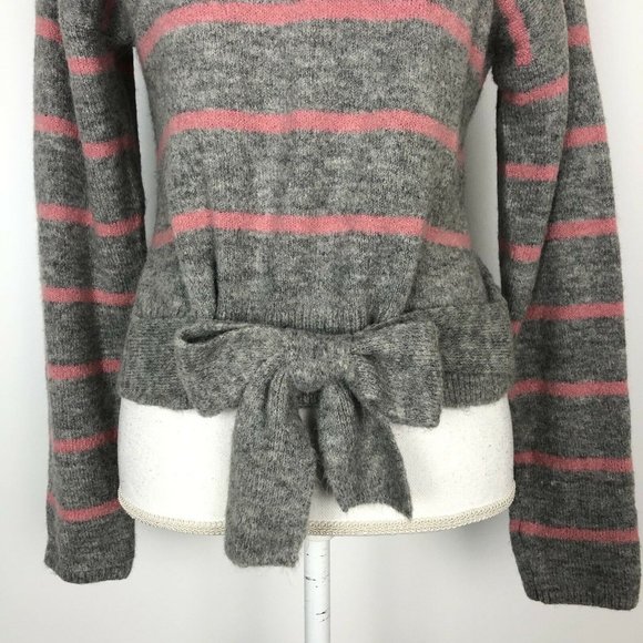 NWT WAYF Mock Neck Tie Waist Wool Blend Sweater Gray Pink Stripe Stretch - Picture 4 of 5